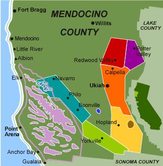 Mendocino Appellation Nearly 40 wineries are located in three clusters in Mendocino County - Redwood Valley - Ukiah, Hopland and Anderson Valley.