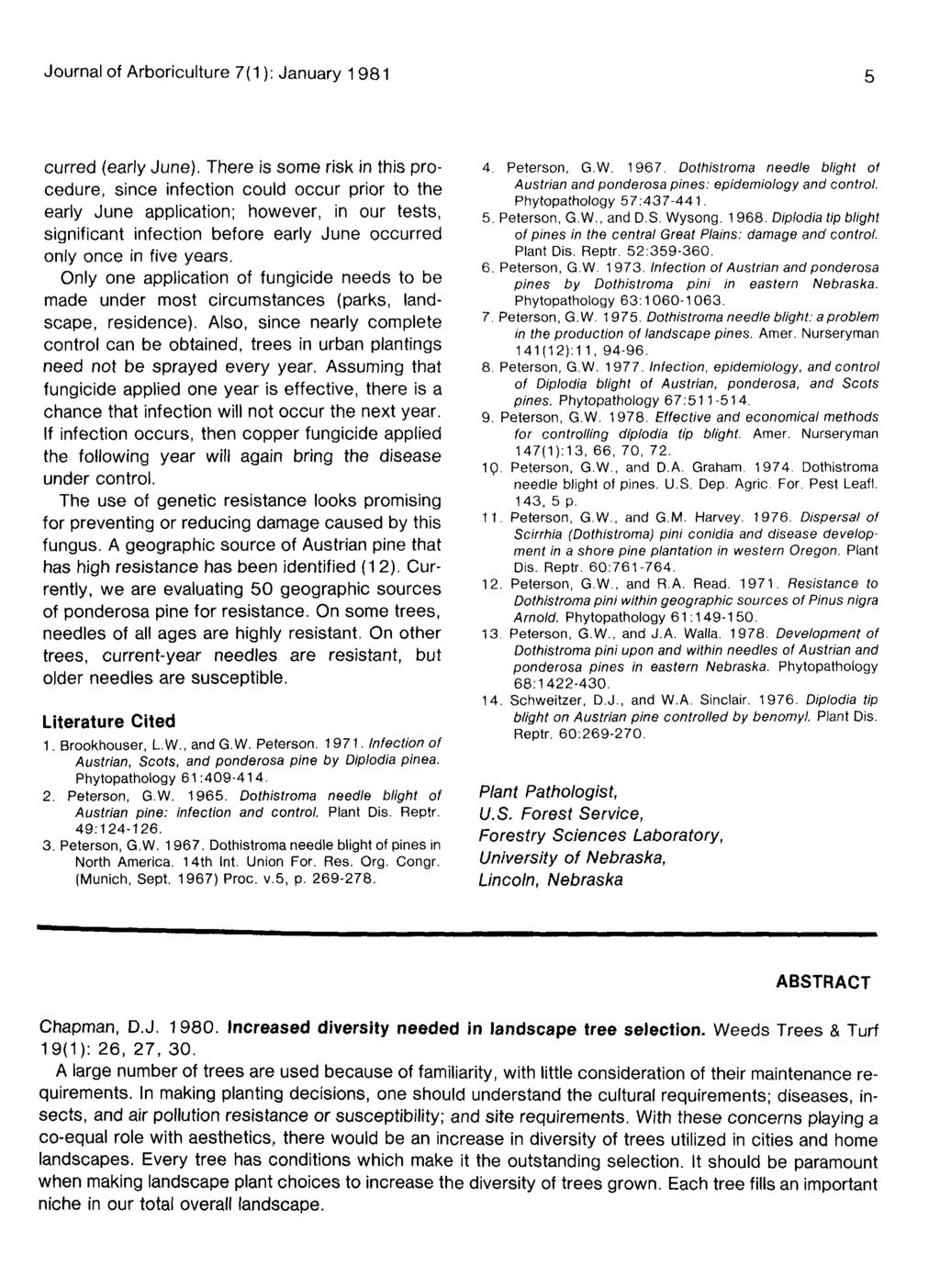 Journal of Arboriculture 7(1): January 1 981 curred (early June).