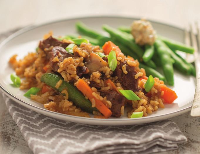 Bayou Beef & Rice Skillet 1 tablespoon vegetable oil 1 pound boneless beef sirloin steak, thinly sliced 1-2 (16 ounce) packages frozen sugar snap stir-fry vegetables 3 cups instant brown rice 3 cups