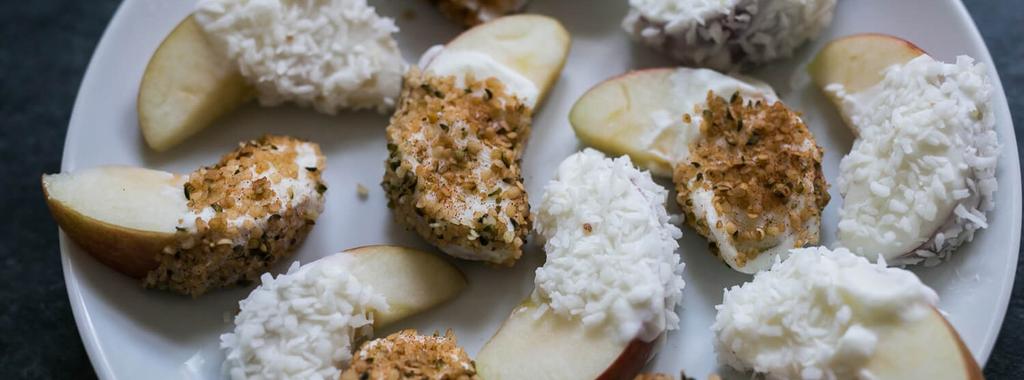 Apple Dips 5 ingredients 15 minutes 2 servings 1. Line a baking sheet with parchment paper. Place yogurt, coconut and hemp seeds into small separate bowls. Stir cinnamon into the hemp seeds. 2. Dip each apple slice in the yogurt (coating about 3/4 of the slice) and then coat with either the coconut or cinnamon-hemp seed mixture on all sides.