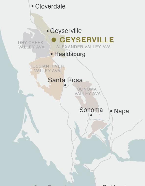 The grapes are grown in three adjoining vineyards on a defined stretch of gravelly soil approximately one-and-a-quarter miles long and a half-mile wide. FIRST GEYSERVILLE 1966 Rainfall: 61.