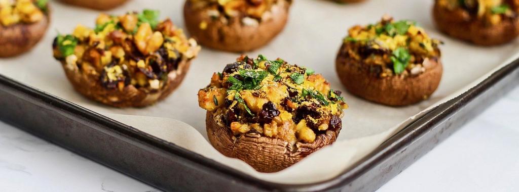 Vegan Stuffed Mushrooms 10 ingredients 35 minutes 4 servings 1. Preheat the oven to 400ºF (204ºC) and line a baking sheet with parchment paper. 2.