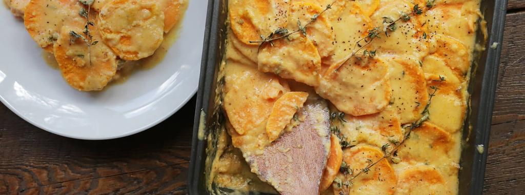 Scalloped Sweet Potatoes 9 ingredients 1 hour 6 servings 1. Peel and slice sweet potatoes to approximately 1/8-inch thick or use a mandoline. Thinly slice the onions and set aside. 2.