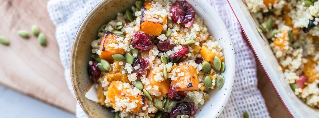 Roasted Cranberry & Sweet Potato Quinoa Salad 10 ingredients 45 minutes 6 servings 1. Preheat oven to 400ºF (204ºC). 2.