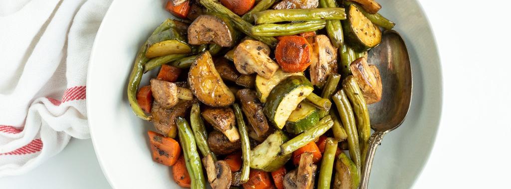 Roasted Veggies 9 ingredients 40 minutes 4 servings 1. Preheat the oven to 375ºF (191ºC) and line a baking sheet with parchment paper. 2. Arrange the chopped veggies on the baking sheet.