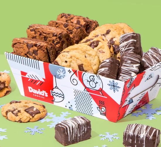Our whimsical holiday crate features a mix of David s all-time customer favorites: Brownies, Chocolate Chunk Cookies and Chocolate- Covered Brownie Bites.