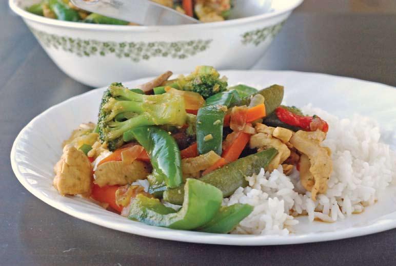 Chicken Stir-Fry Stir-Fry Served with soup or salad, fresh rolls and honey butter Chicken Stir-Fry Strips of chicken stir-fried with fresh vegetables in our special sauce and served over rice - 8.