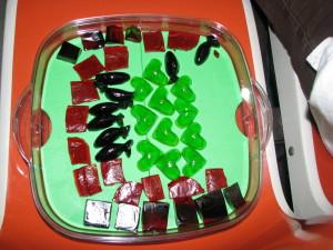 Using my pampered chef tray; hearts, fish and squares -I have 3 inch high plastic containers from the dollarstore which I use for my Jello.