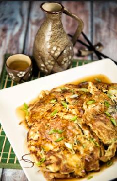 Egg Foo Young Yields 4 servings Cooking Time 20 mins 8 eggs, beaten 1 cup bean sprouts ¼ cup celery, chopped ¼ cup Chinese cabbage 1/2 cup cooked chicken, chopped 1 tbsp.