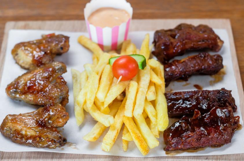 Rissoles served with Shoe String Fries and chili sauce Chicken Wings & BBQ Pork Ribs-