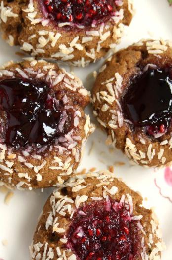 Gingerbread Coconut Thumbprint Cookies with Blueberry Jelly 2 cups flour, spooned in 1 cup whole-wheat pastry flour or regular whole wheat flour, spooned in 1 Tbsp ground cinnamon 1 ½ tsp ground