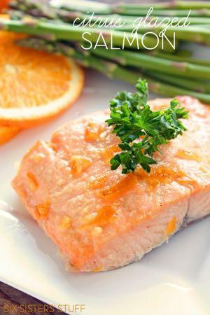 DAY 7 SMALLER FAMILY HEALTHY PLAN CITRUS GLAZED SALMON M A I N D I S H Serves: 4 Prep Time: 5 Minutes Cook Time: 8 Minutes Calories: 338 Fat: 11.2 Carbohydrates: 27.1 Protein: 34.9 Fiber: 0.