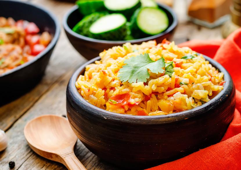 SAFFRON RICE WITH VEGETABLES Serves: 2 1 2/3 cups chicken broth or chicken stock made from cubes 3/4 cup basmati rice ½ teaspoon saffron 2 medium sized red bell peppers, cut into 1-inch pieces 1