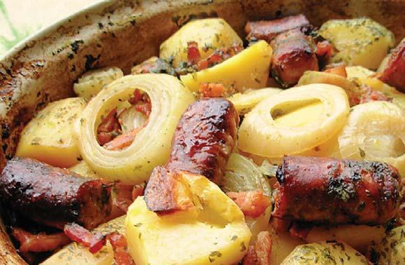 Potato and Sausage Casserole 25 minutes Cooking time: 3-4 hours Servings: 6-8 1 tbsp vegetable oil 8 large pork sausages 4 rashers bacon, diced 1 large onion 2 cloves of garlic 4 large baking