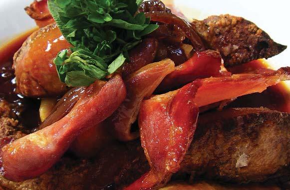 Liver and Bacon 15 minutes Cooking time: 6-8 hours Servings: 4 1 tbsp vegetable oil 2 tbsp plain flour 4 rashers streaky bacon diced 2 onions, peeled and finely sliced 500 ml beef stock 500g lambs