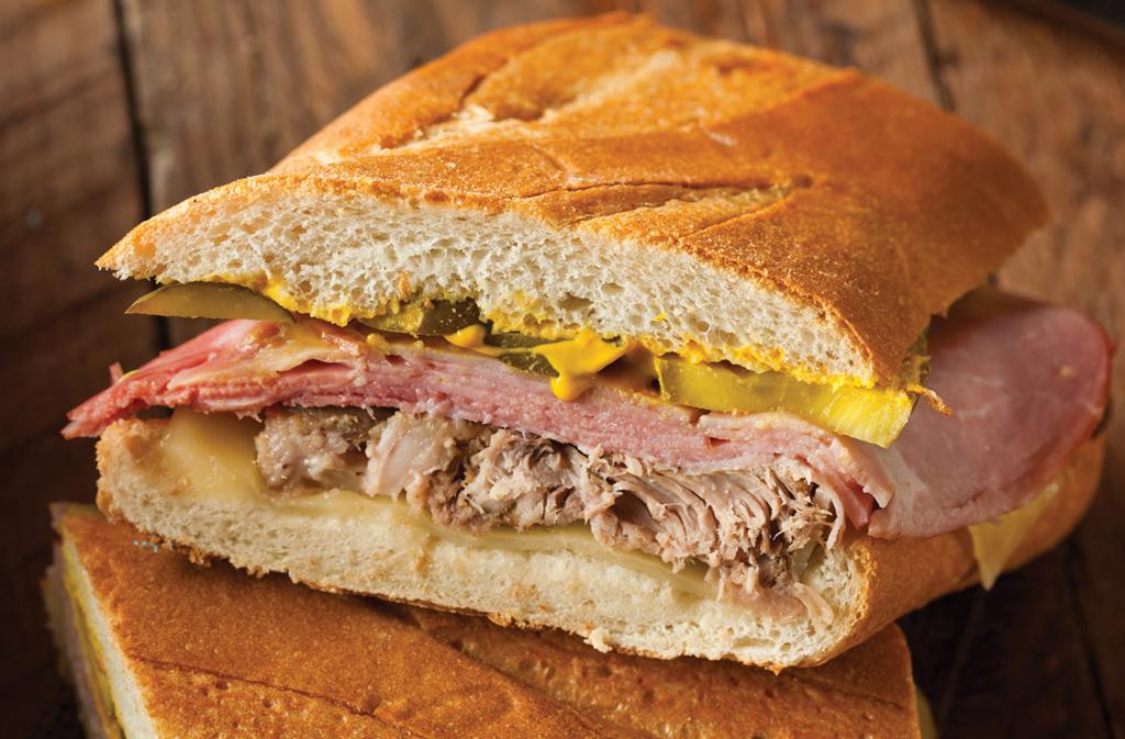 Authentic cuban sandwich Time 15 Min Serves 6 1 can (28 oz) Keystone Pork 1/2 cup mayonnaise 1/2 cup mustard 6 hoagie buns or baguettes 12 slices Swiss cheese 6 thin slices smoked fully-cooked ham 2