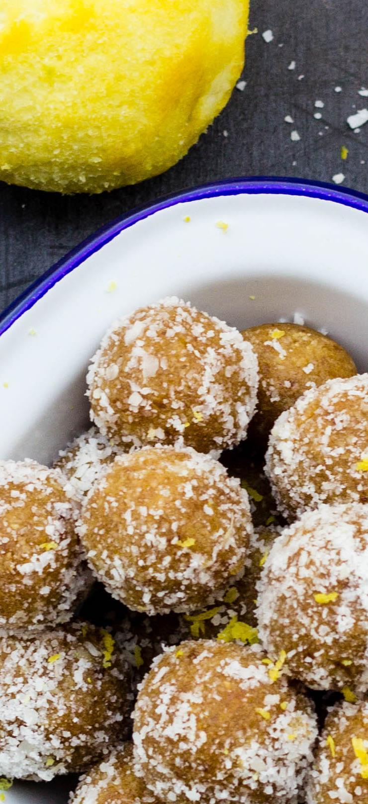 Lemon and coconut bliss balls 2 cups shredded coconut ½ cup ground almonds 2 TBSP maple syrup 2 TBSP coconut oil at room temperature Juice