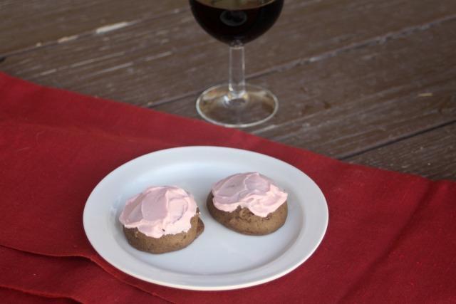CHOCOLATE RED WINE COOKIES ¾ Cup Butter, softened ½ Cup Sugar ⅔ Cup Red Wine 1 Egg 2 Cups All-Purpose Flour ½ Cup Cocoa Powder 1 teaspoon Baking Soda Frosting: 1 ¾ Cups Powdered Sugar ¼ Cup Butter,