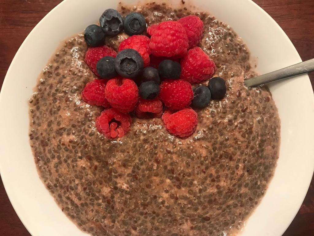Warm Chia Pudding 1 Tablespoon coconut oil 2 cups almond milk 3 Tablespoons chia seeds 2 Tablespoons ground flax seed Optional Add-ins: Protein Powder Cocoa Sweetener Nuts, Berries, etc. 1. Put all the ingredients in a medium fry pan on medium/high heat 2.