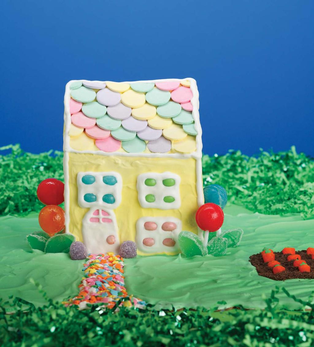 Easter Bunny House 1 3 batch white royal icing 1 3 batch yellow royal icing (see Tinting, page 12) 1 3 batch green royal icing 6 three-quarter crackers 6 quarter crackers 2 vertical points Necco