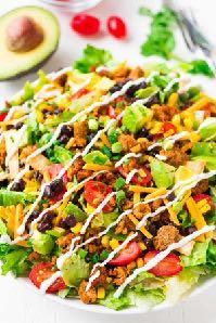Taco Salad Yields 4 serving Total Time 15 minutes 16oz lean ground beef 2 bell peppers, chopped 1/3 cup chopped onion 3 garlic cloves, minced 1-1/2 cups salsa 2 teaspoons chili powder 1 teaspoon
