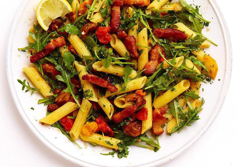 thursday BLT Pasta with Gremolata Active/total time: 30 minutes Crisp bacon. Juicy tomatoes. Peppery arugula.