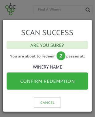 the green circle. Winery staff will then click the REDEEM button to confirm they have verified the successful scans and are ready to provide the required number of tastings to the Explorer.
