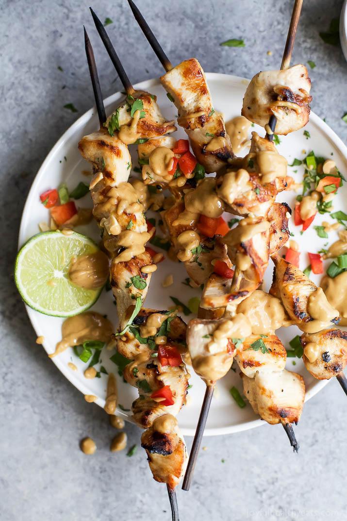 Sesame Lime Chicken Kebabs with a Spicy Peanut Sauce Ingredients Chicken Kebabs 1 lb boneless chicken breasts, cut into 1 cubes 2 T fresh lime juice 2 T toasted sesame oil salt & pepper Peanut Sauce