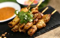 peanut sauce and cucumber relish OCTOPUS SKEWERS TRIO FRITTERS