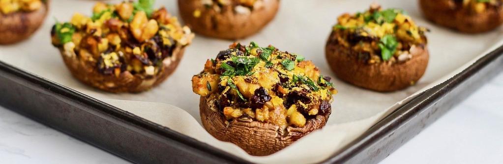 NSK Stuffed Mushrooms 35 minutes Yellow Onion (finely chopped) Walnuts (raw, chopped) Thyme (fresh) Garlic (clove, minced) Dried Unsweetened Cranberries (roughly chopped) Cremini Mushrooms (whole,