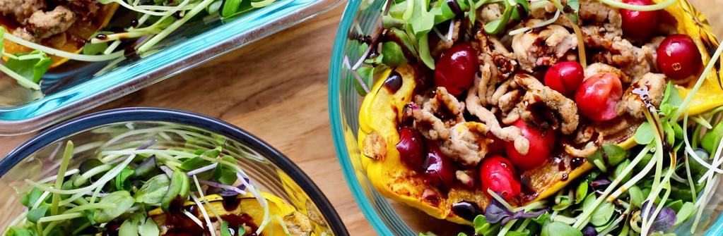 NSK Turkey Cranberry Squash Bowls 40 minutes Delicata Squash (small) Extra Lean Ground Turkey Poultry Seasoning Frozen Cranberries (thawed, or use fresh) Baby Spinach Balsamic Vinegar Preheat the