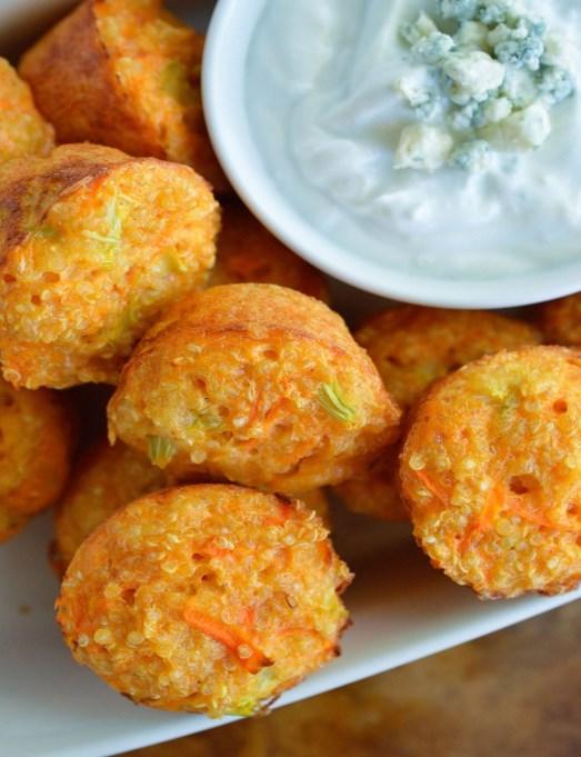 Quinoa Buffalo Bites 1 cup cooked quinoa 2 large eggs 1/4 cup grated carrot 1/4 cup finely chopped celery 3 tablespoons buffalo wing sauce 1/4 cup shredded cheddar cheese 1.