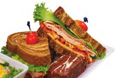 Gourmet Sandwiches Sandwiches come with: Fresh sliced fruit or a crisp veggie cup Pasta salad A brownie for dessert Condiments, napkin and utensils Gluten-free wraps and bread available upon request.