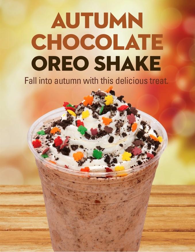 NOVEMBER Autumn Chocolate OREO Shake Promotion Idea: Fall into autumn with this delicious treat Product Build: Chocolate OREO Shake, topped with multi-colored confetti, OREO Cookie pieces, and