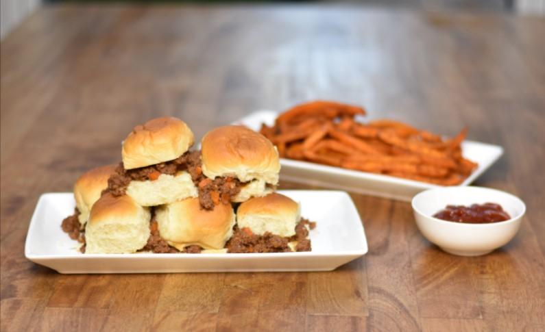 Sloppy Joes with Sweet Potato Fries 20-25 min 1 Tbl (approximately) olive oil or canola oil 16-20 oz ground beef 85%-90% lean 1/2 medium yellow onion 2 medium carrots 1 tsp yellow mustard (NOT
