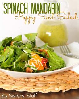 SPINACH MANDARIN POPPY SEED SALAD RECIPE S I D E D I S H Serves: 8 Prep Time: 10 Minutes Cook Time: 8 ounces baby spinach 1/2 head Romaine lettuce (chopped) 1/2 red onion (thinly sliced) 1 avocado