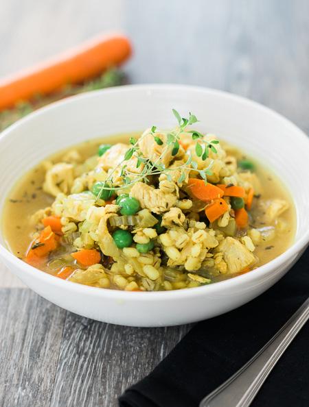 Chicken and Barley Soup 6 servings 1 Tbsp. canola oil 3 chicken breasts, cubed 1 cup onion, diced 1 cup carrots, peeled and diced 1 cup celery, diced 2 cloves garlic, minced 1 Tbsp.