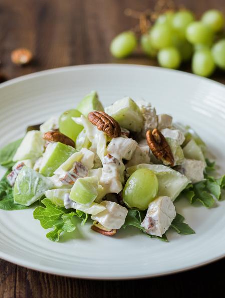 Chicken Salad 4 servings 2 cups rotisserie chicken, chopped ½ cup grapes, halved ½ cup granny smith apple, diced ¾ cup celery, chopped ¼ cup pecans, chopped ½ cup Greek yogurt 1 tsp.