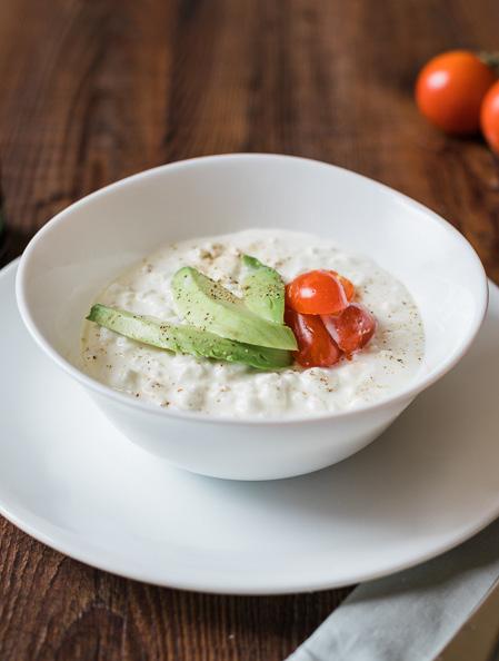 Cottage Cheese Bowl 1 serving ½ cup cottage cheese ½ avocado ½ cup cherry tomatoes ½ tsp. salt ½ tsp. black pepper Slice the avocado and tomatoes into bite sizes. Pour overtop of cottage cheese.