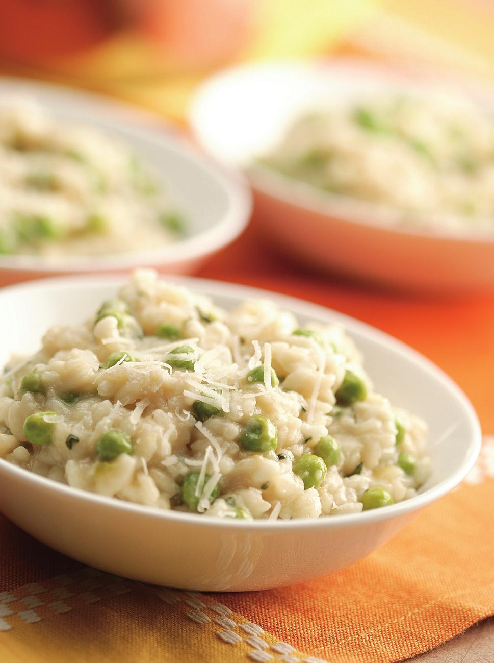 Risotto with Peas, Mint & Lemon Serves six as a side dish or four as a main course. 5 to 6 cups low-salt chicken broth 4 Tbs.